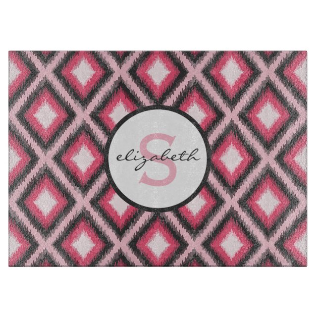 Pink Ikat Monogram Cutting Board (Front)