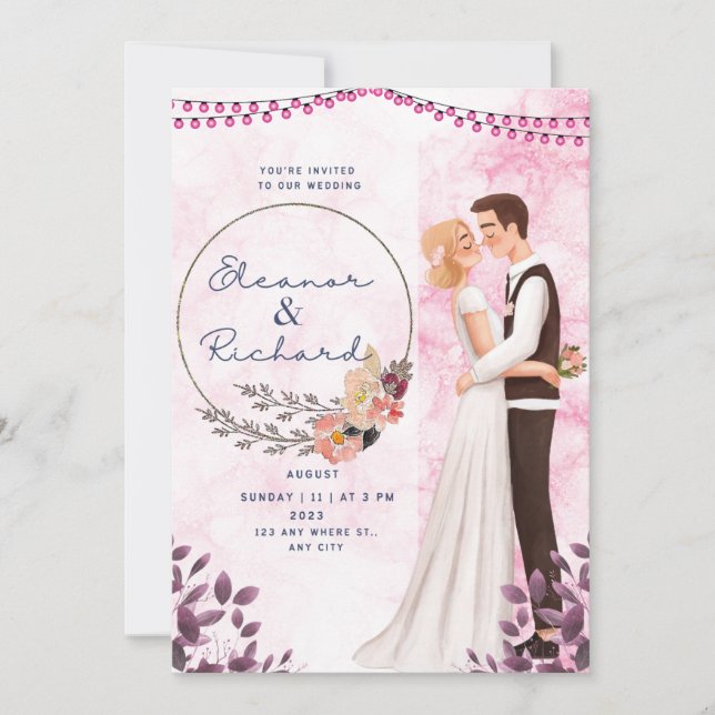 Pink Illustrated Bride and Groom Wedding Invitation (Front)