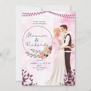 Pink Illustrated Bride and Groom Wedding Invitation