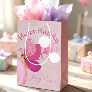 Pink Illustrated Butterfly With Balloons Medium Gift Bag