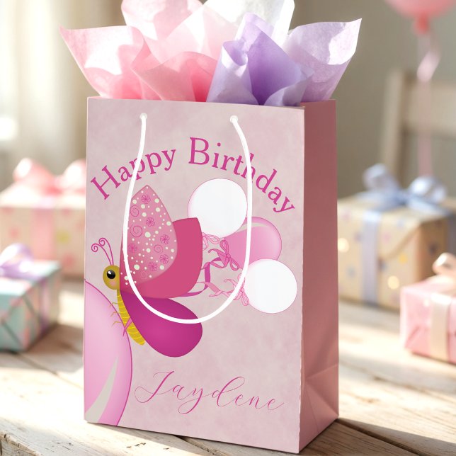 Pink Illustrated Butterfly With Balloons Medium Gift Bag (Gift bags with wings. Swirly butterfly + balloons make every present festive.)