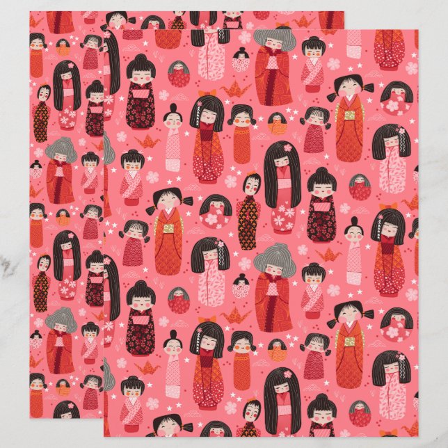 Pink Illustrated Japanese Kokeshi Scrapbook Paper (Front/Back)