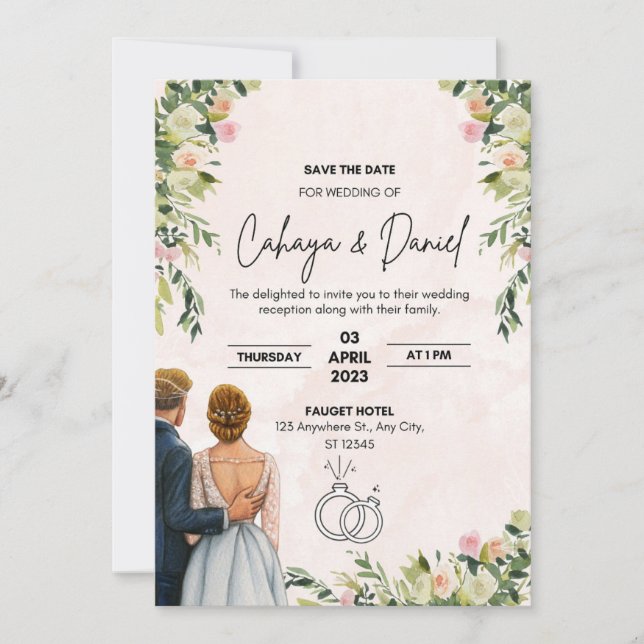 Pink illustrated wedding invitation (Front)