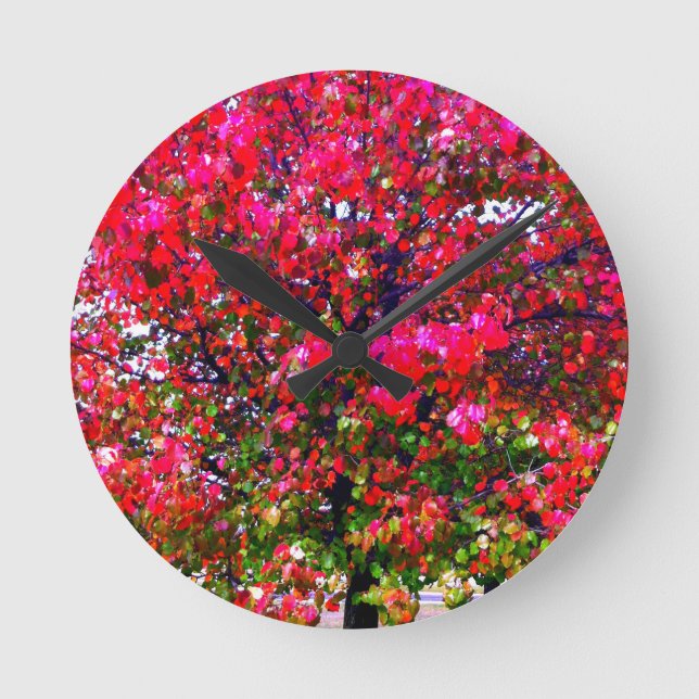Pink impressionistic Autumn Leaves trees Round Clock (Front)