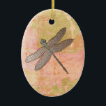 Pink Impressions Dragonfly Ceramic Ornament<br><div class="desc">Pink/green distressed watercolor background with metal look dragonfly</div>
