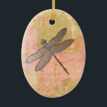 Pink Impressions Dragonfly Ceramic Ornament<br><div class="desc">Pink/green distressed watercolor background with metal look dragonfly</div>