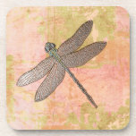 Pink Impressions Dragonfly Coaster<br><div class="desc">Pink/green distressed watercolor background with metal look dragonfly</div>