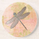 Pink Impressions Dragonfly Coaster<br><div class="desc">Pretty stone coaster with Pink/green distressed watercolor background with metal look dragonfly</div>