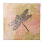 Pink Impressions Dragonfly Tile<br><div class="desc">Pink/green distressed watercolor background with metal look dragonfly</div>
