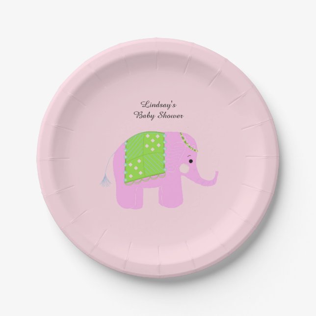 Pink Indian Elephant Baby Shower Paper Plate (Front)