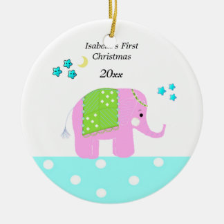 Pink Indian Elephant Baby's First Christmas Ceramic Ornament