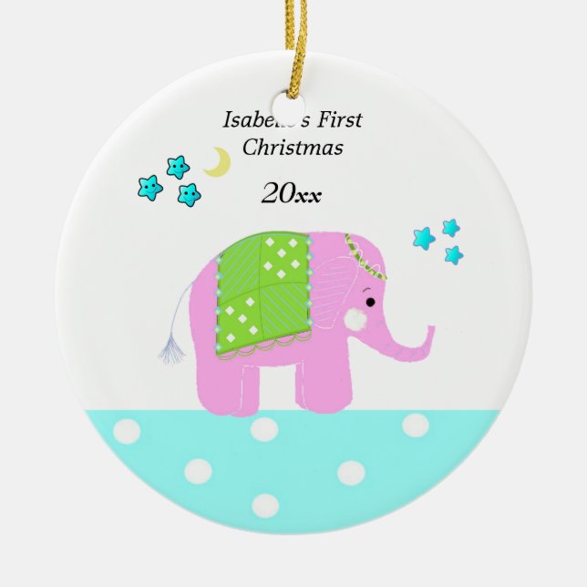Pink Indian Elephant Baby's First Christmas Ceramic Ornament (Front)