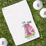 Pink Initial Name Monogram Golf Towel<br><div class="desc">This cute monogram golf towel features a stylish pink watercolor golf bag filled with clubs, surrounded by a touch of green grass. The design cleverly incorporates a simple serif font initial monogram on the bag, seamlessly blending into the bag's design. Below the monogram, the full name is elegantly displayed in...</div>