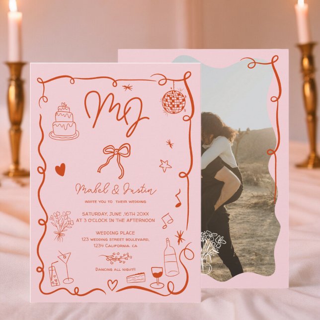 Pink initials handdrawn illustrated photo wedding invitation (Pink initials handdrawn illustrated photo wedding invitation)