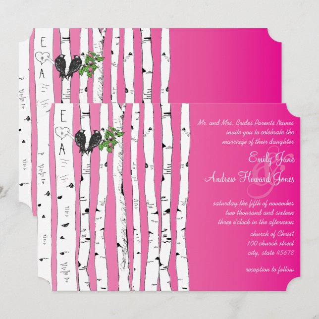 Pink Initials in Birch Tree Wedding Invitations (Front/Back)