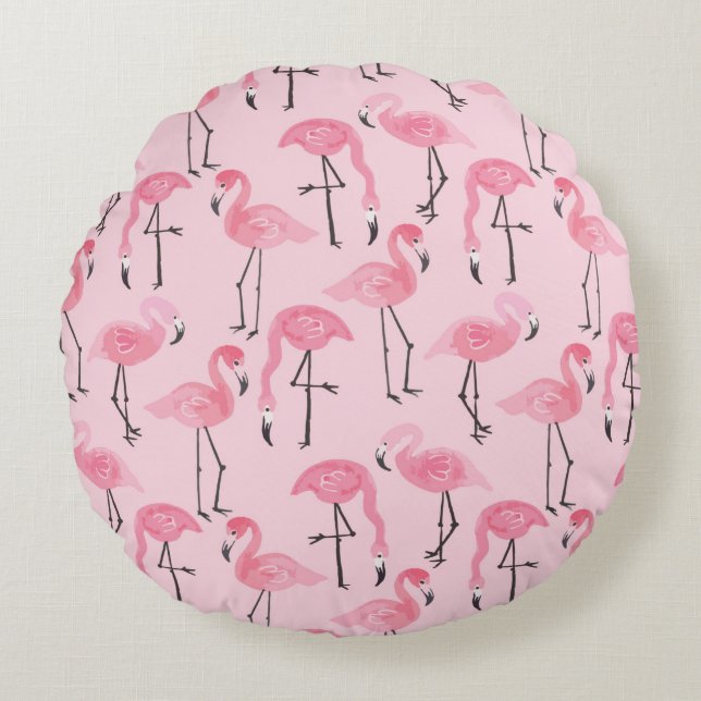 Pink ink flamingo set, tropical summer pattern vin round pillow (Front)