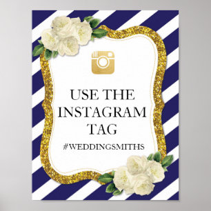 Pink Instagram Sign Stripe Navy Poster Wedding