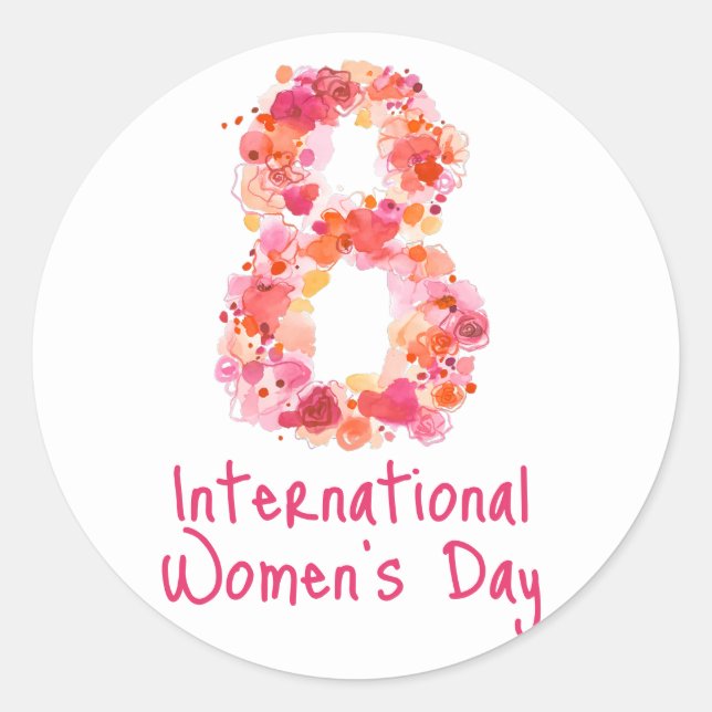 Pink International Women's Day Typography Button Classic Round Sticker (Front)