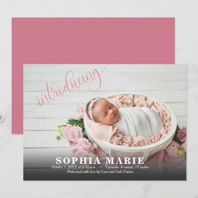 Pink Introducing Baby Photo Birth Announcements (Front/Back)