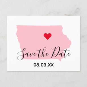 Pink Iowa Red Heart Save the Date Announcement Postcard