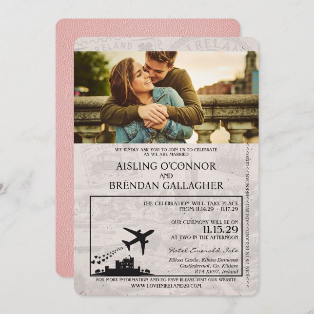 Pink Ireland Passport Wedding Invitation (Front/Back)