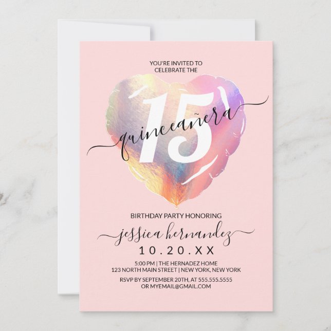 Pink Iridescent Foil Heart Balloon Quinceañera Invitation (Front)