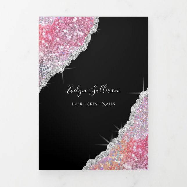Pink iridescent glitter trifold brochure (Cover)