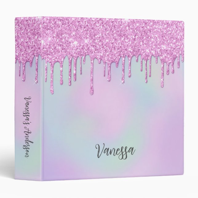 Pink Iridescent Holographic Glitter Drips Monogram Binder (Front/Spine)