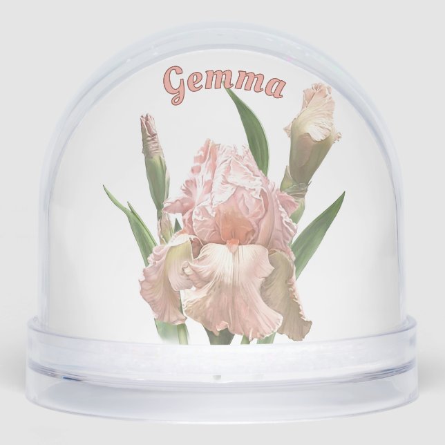Pink Iris Flower Botanical Art Personalized Snowglobe (Front)