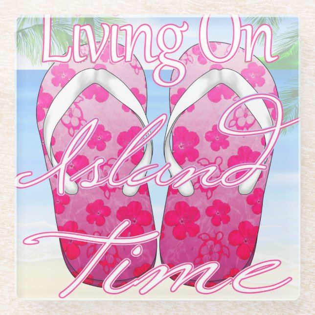 Pink Island Time Beach Glass Coaster (Front)