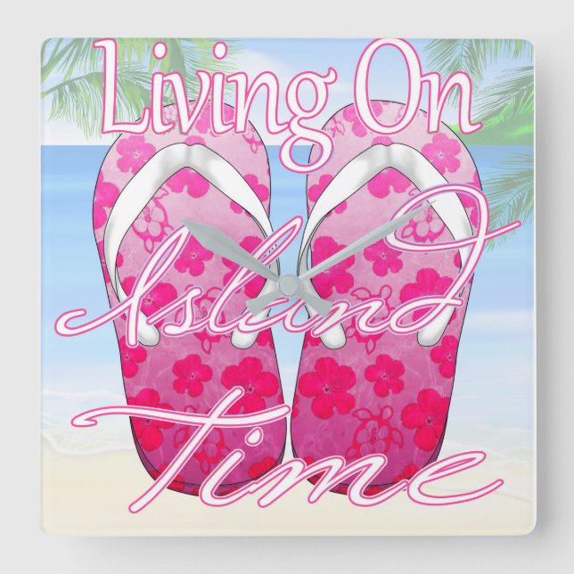 Pink Island Time Beach Square Wall Clock (Front)