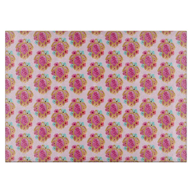Pink Island Tropical Sea Turtles Floral Cutting Board (Front)