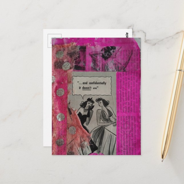 Pink it Doesn't Stink Mixed Media Collage Postcard (Front/Back In Situ)