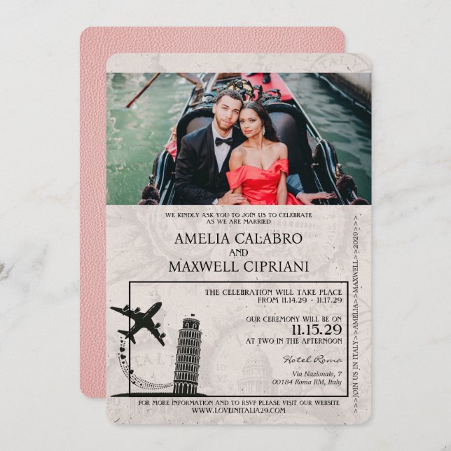 Pink Italy Passport Wedding Invitation (Front/Back)