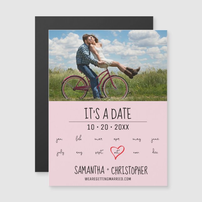 Pink It's a Date Custom Photo Engagement Magnetic Invitation (Front/Back)