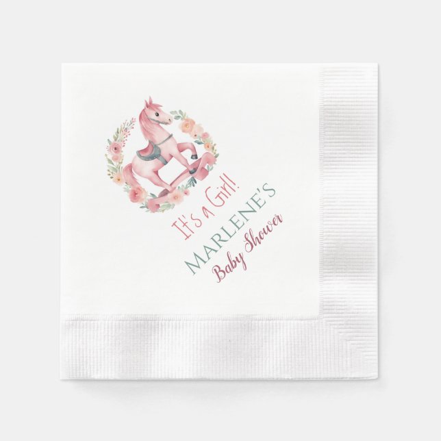 Pink It's A Girl Rocking Horse Baby Shower Napkins (Front)