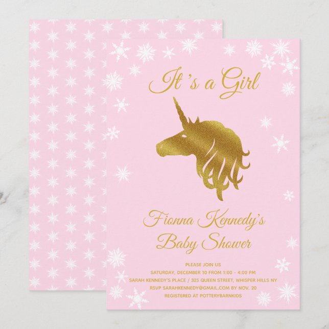 Pink It's a Girl Unicorn Winter Baby Shower Invitation (Front/Back)