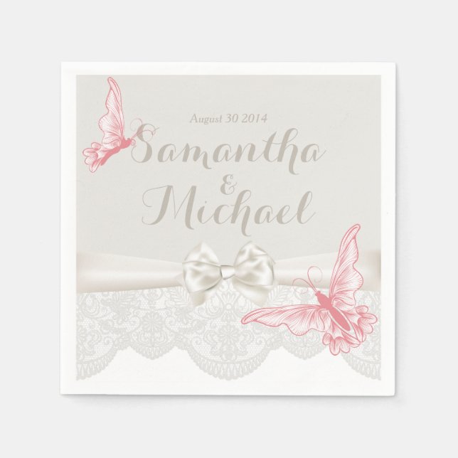 Pink & Ivory Butterflies and Lace Napkin (Front)