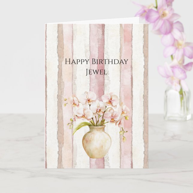 Pink Ivory Cream Stripes Pink Orchids Birthday Card (Orchid)