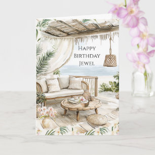 Pink Ivory Cream Stripes Pink Orchids Birthday Card