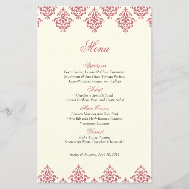 Pink Ivory Damask Arabesque Mariage Carte Menu (Devant)