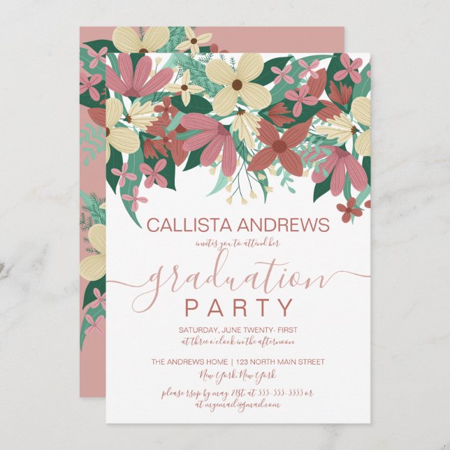 Pink Ivory Floral Greenery Bouquet Graduation Invitation (Front/Back)