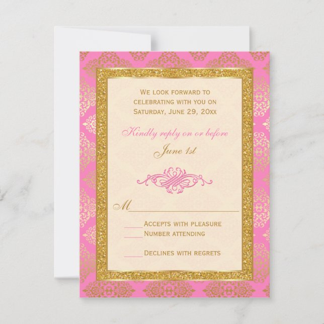 Pink, Ivory, Gold Glitter, Damask Floral RSVP Card (Front)
