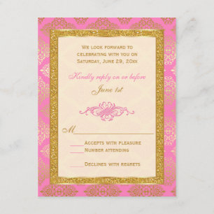 Pink, Ivory, Gold Glitter, Damask Floral RSVP Card