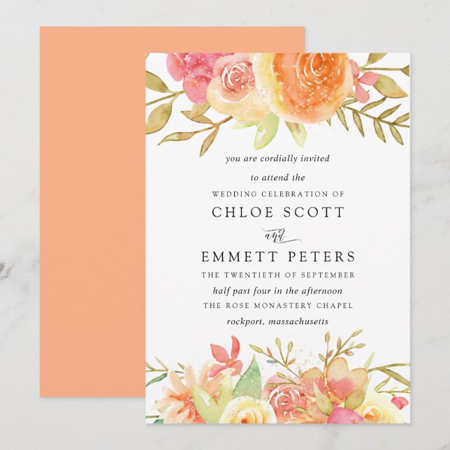 Pink Ivory Orange Flowers Wedding Invitation (Front/Back)