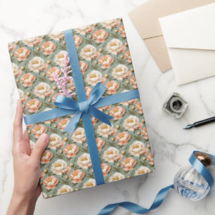 Pink & Ivory Peonies on Green Wrapping Paper