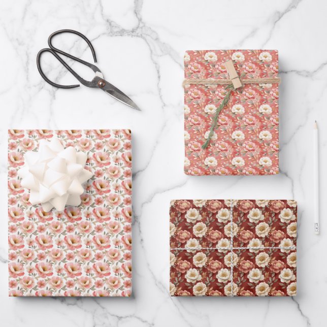 Pink & Ivory Peonies  Wrapping Paper Sheet (Front)