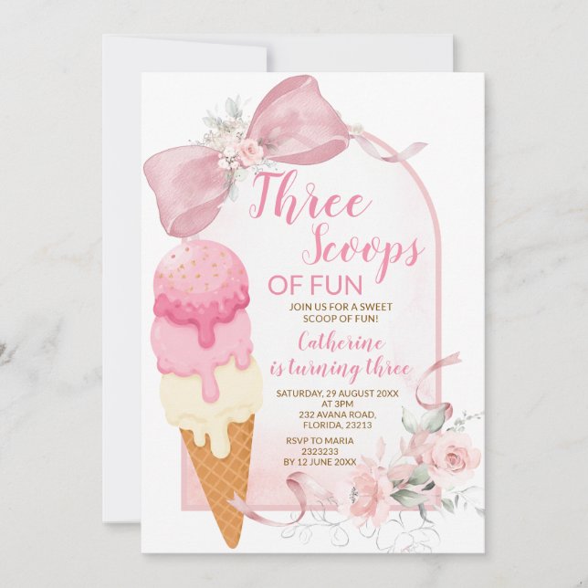 Pink Ivory Three Scoops of Fun Birthday Invitation (Front)
