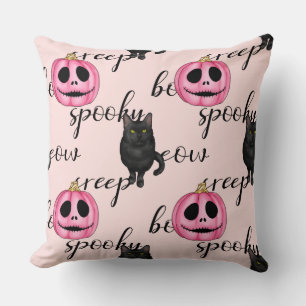 Pink Jack-O-Lantern and Black Cat Throw Pillow