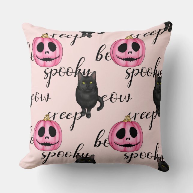 Pink Jack-O-Lantern and Black Cat Throw Pillow (Front)